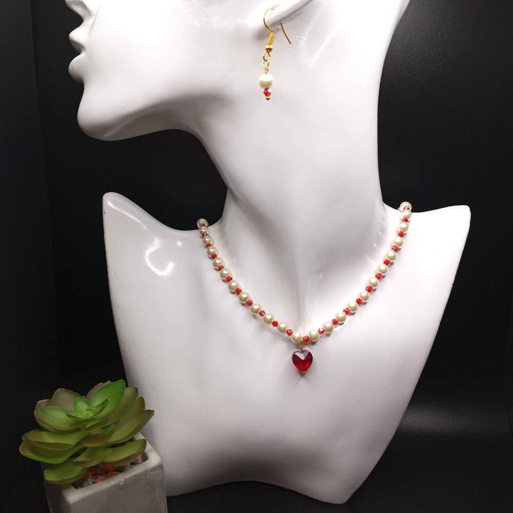 Sweetheart Pearl Necklace & Earring Set~Hand Made
